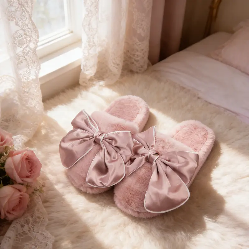 Classic Bow Accent Plush Slippers for Women | Soft Fuzzy Home Footwear | Cozy Gift for Her