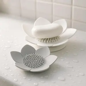 2 Pack Lotus Shower Steamer Trays, Silicone Soap Holder - Elegant White & Gray Flower Shape, Bathroom & Kitchen Organizer