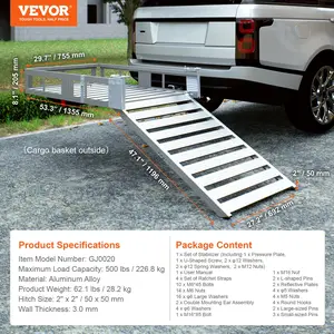 VEVOR Hitch Mount Cargo Carrier,  45.3" x 25.6" Aluminum Hitch Cargo Rack with Folding Ramp, Hitch Rack Basket with Stabilizer and Straps, 500LBS Mobility Scooter Carrier Fit 2" Hitch Receiver