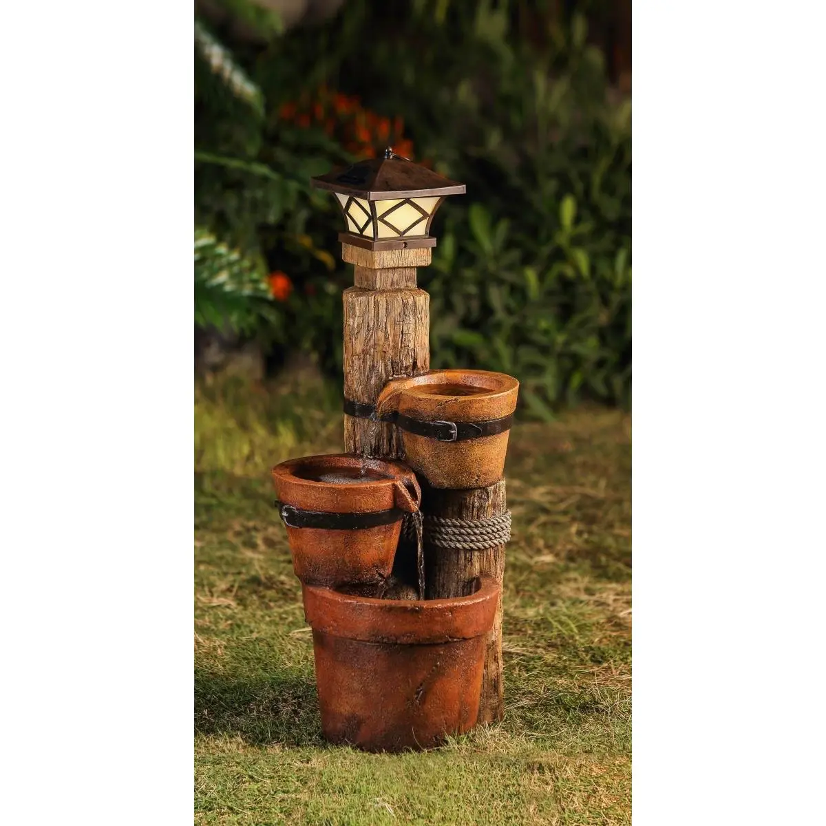 212 MAIN 3-Tier Outdoor Water Fountain with 3 Pots, Solar Pillar Lamp, Solar Fountain Pump, Dog & Cat Feeding Supplies, Three Tiers