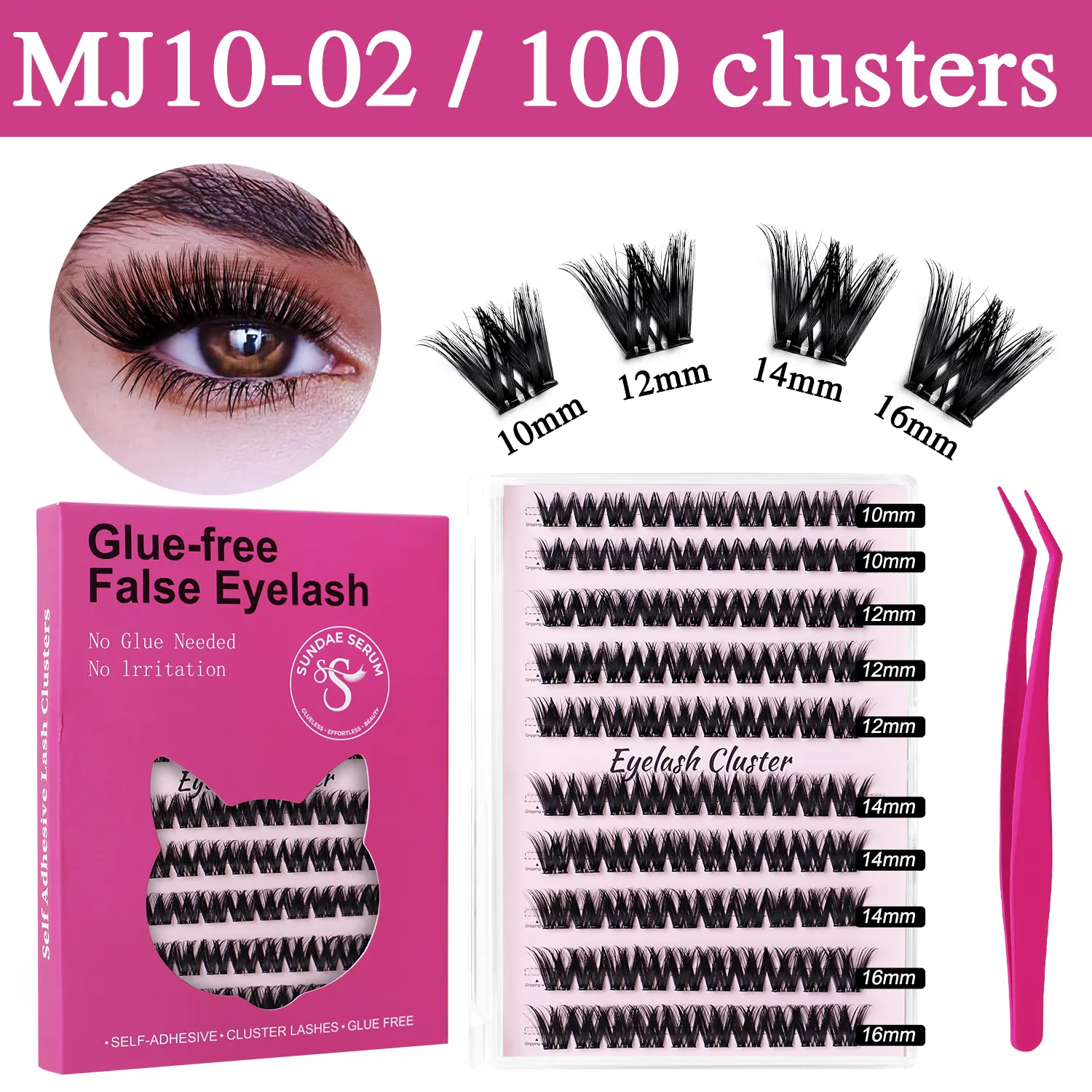 Upgraded 100Pcs Pre-Bonded Glue-Free Cluster Eyelash Extensions, Press-On Self-Adhesive Wispy DIY DD Curl Kit, 10-16mm False Lashes for Summer Makeup Use