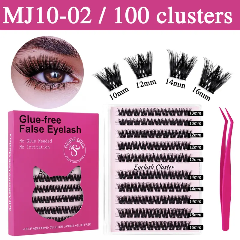Upgraded 100-120Pcs Pre-Bonded Glue-Free Cosmetic Cluster Lash Kit, Press-On Self-Adhesive Wispy C/D Curl False Lashes (10-16mm), Sensitive-Safe Hypoallergenic Cluster Patch for Adult Summer Makeup