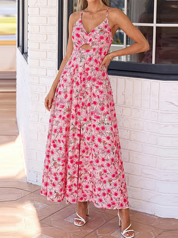 BTFBM Summer Dresses for Women 2026 Spring Floral Spaghetti Strap Smocked  Cutout Maxi Dress Resort Beach Vacation Outfit - TikTok Shop