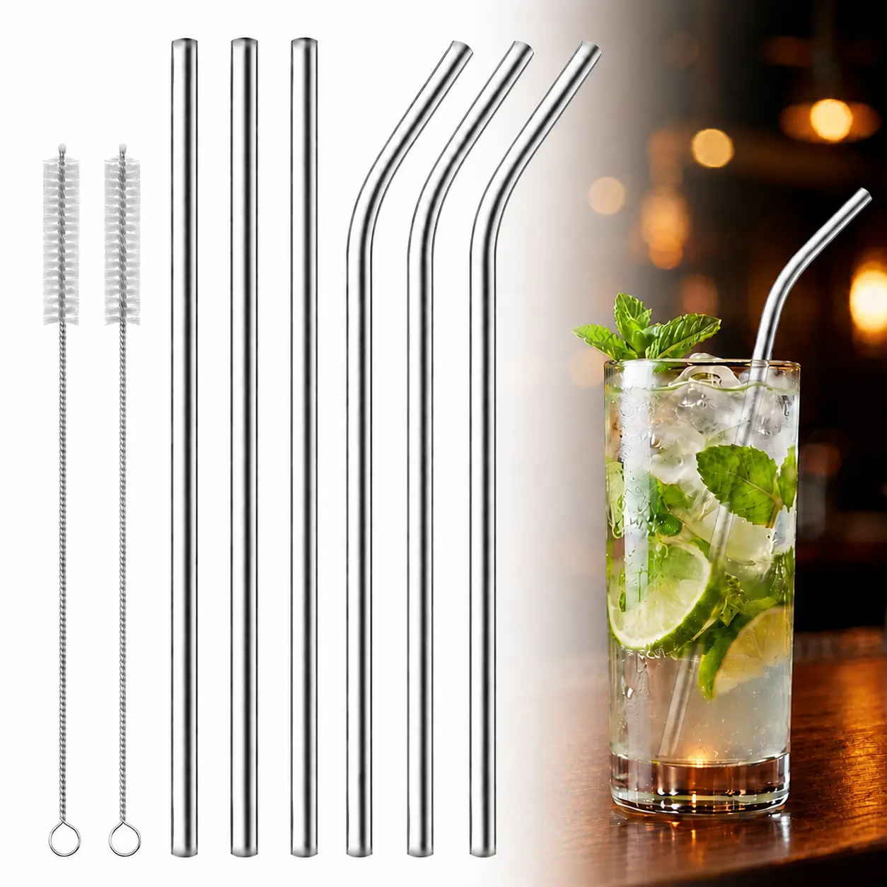 6 Pack 12-Inch Eco-Friendly Stainless Steel Straws with Cleaning Brushes - Reusable Drinking Straws with for Large 40 oz Tumblers, Iced Coffee, Smoothies & Water