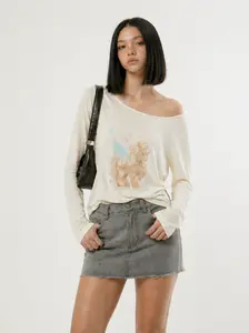 Aelfric Eden Angel Pony Long Sleeve Tee Asymmetrical Neckline Angel Pony Graphic Soft Lightweight Knit Fabric Y2K Cute Casual Streetwear Women Top