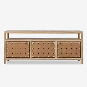 Modern Coastal Solid Wood Media Console with Woven Leather Doors