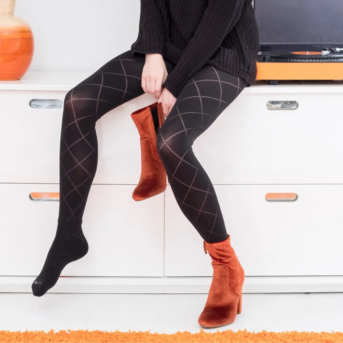Danielle Diamond Pattern - Black | Control Top Tights with Attached Boot Sock – Shaping Pantyhose with Sculpted Cushioning, Arch Support & Cotton Gusset | Hybrid Tights for All-Day Comfort