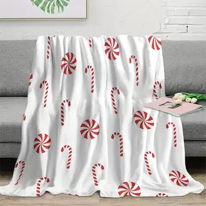 Traditional-Style Christmas Candy Cane Flannel Throw Blanket, 100% Polyester, Digital Print, Stain Resistant, All-Season Cozy Warmth, with Multipurpose Use for Bed, Chair, Sofa, Ideal Gift