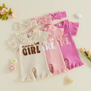 Newborn Infant Baby Girl Summer Clothes Letter Embroidery Ruffle Short Sleeve Romper Bodysuit Jumpsuit Headband 2Pcs Outfits