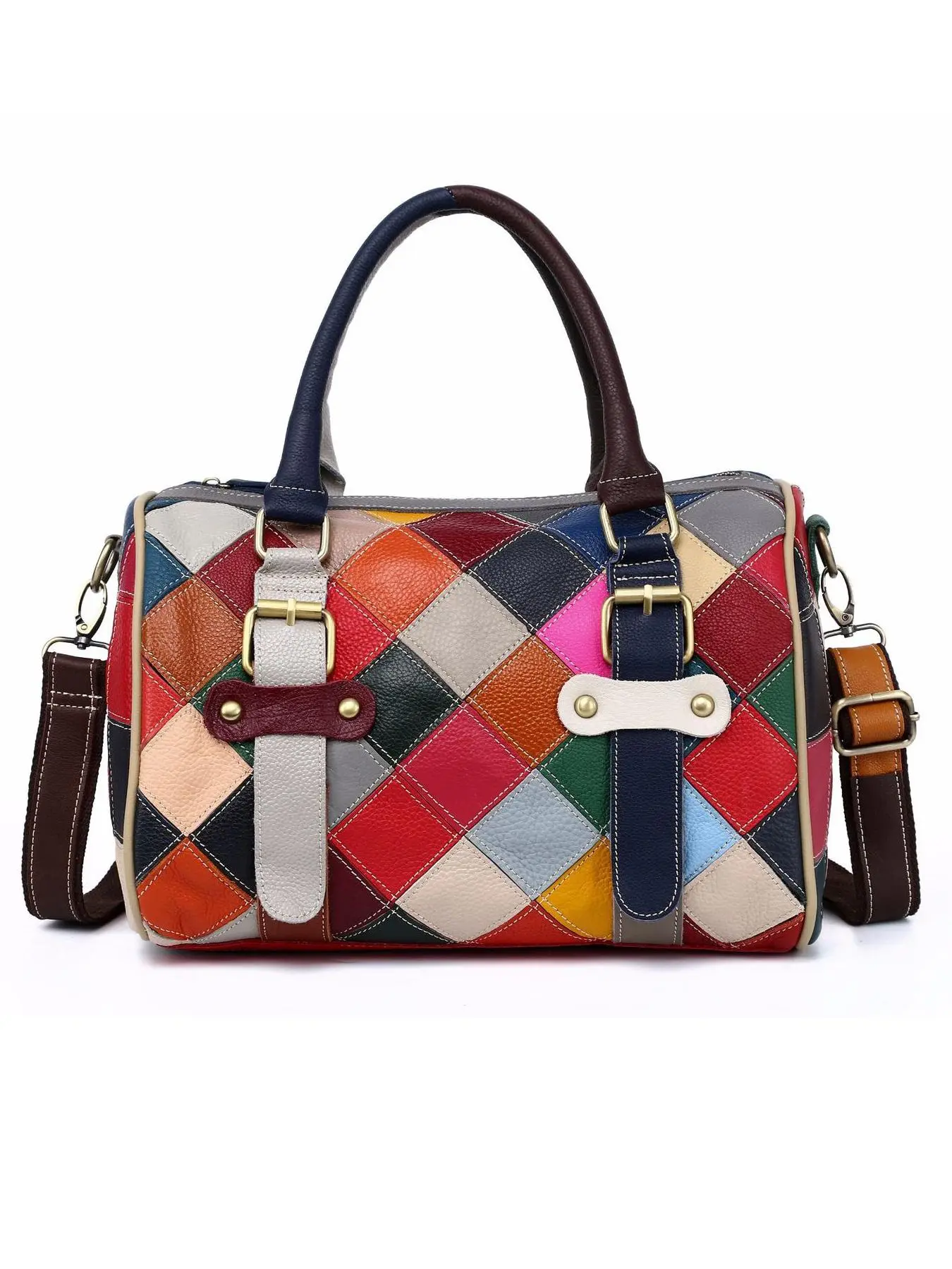 Random Colorful Patchwork Boston Bag, Fashionable Patterned Bag! Women’s Genuine Leather Large Crossbody Tote Leather Textured Handbag