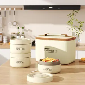 3/4 Pcs Insulated Bento Box Portable Stainless Steel FoodContainer Round Microwave Safe Stackable Leakproof ThermalFood Container for Adult Men Women with Insulated Bag(Beige)