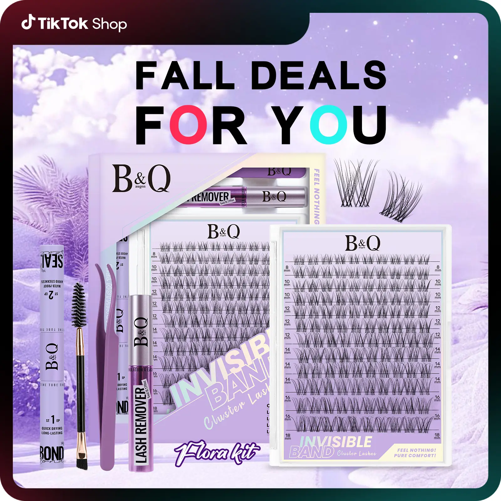 Flora Natural Kit l B&Qaugen 0.05mm Invisible Band 120pcs C Curl 8-18mix Natural Look Cluster DIY Eyelash Extensions at Home Lightweight Vacation Fake