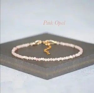 Natural Dainty Pink Opal Stone 3mm Tiny Beads Crystal Healing Charka Minimalist Bracelet for Women with Gold-Plated Chain