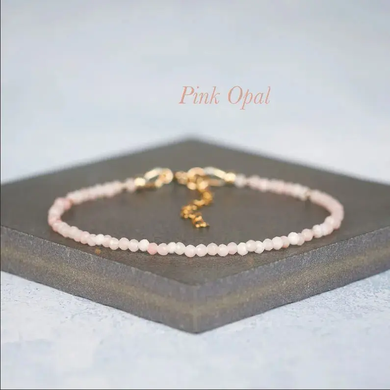 Natural Dainty Pink Opal Stone 3mm Tiny Beads Crystal Healing Charka Minimalist Bracelet for Women with Gold-Plated Chain