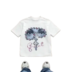 Men's Loose Fit Graphic Print T-Shirt, Y2K Style Gem Embellished Eye Cross Pattern Tee, Unisex Streetwear Fashion, All-Season Casual Wear, Oversize Cotton Verano Camiseta