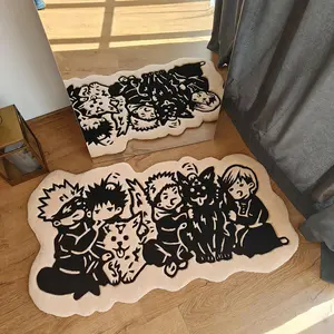 Hot blooded cartoon group image, Cartoon pattern rug, special-shaped carpet black and white contrast flocking floor mat E-sports room anti-skid wear-resistant bedroom bedside decorative mat suitable for ins style/anime home decoration