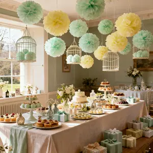 14pcs Mint & Pale Tissue Paper Pom Poms Decor, Hanging Paper Flower Balls for Spring Party, Mother's Day, Easter, Bridal Shower, Birthday Party