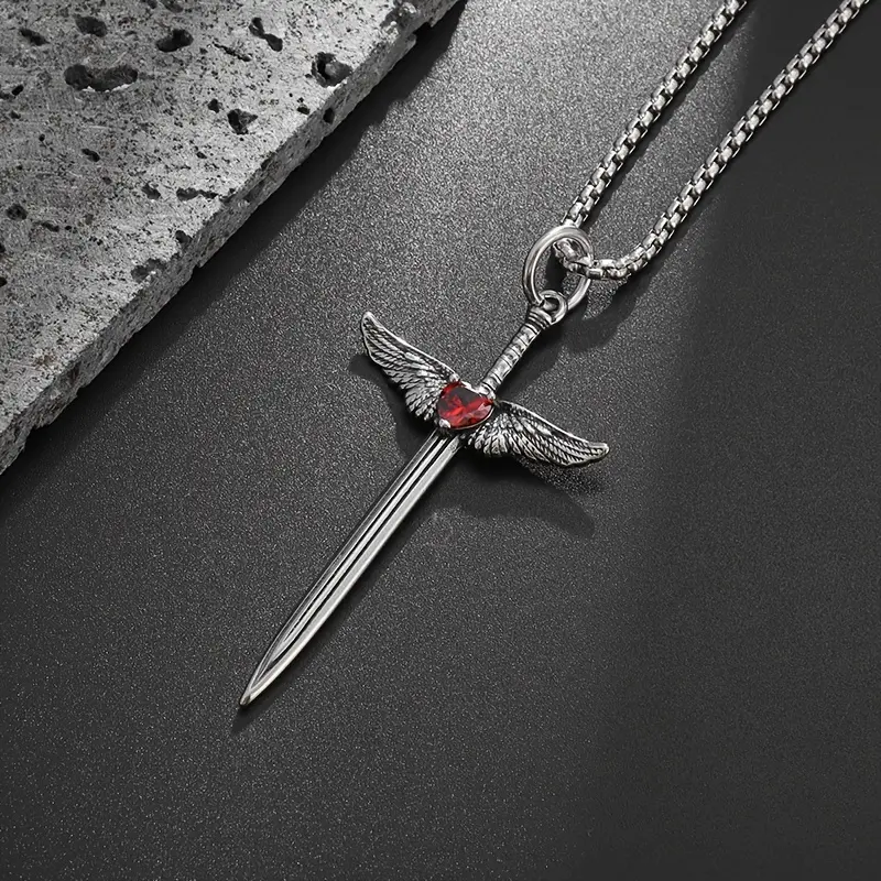 Vintage Winged Cross Sword Alloy Pendant Necklace with Red Cubic Zirconia, 60cm Stainless Steel Casual Long Chain Jewelry for Men and Women, Elegant Daily & Party Wear Accessory