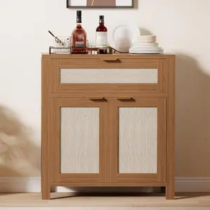 Modern Rattan Sideboard Buffet Storage Cabinet with Doors, Boho Narrow Accent Credenza Cabinet with Storage Coffee Bar Console Table for Kitchen, Entryway, Living Room, Dining Room