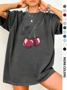 Women's Cherry Print Round Neck Tee, Trendy Casual Short Sleeve T-shirt for Daily Wear, Ladies Summer, Top