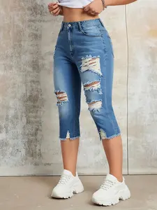 Women's Ripped Seven-Quarter Jeans, Unique V-Neck Frayed Cut, Trendy Street Style, Fashionable Denim Jeans for Casual Wear