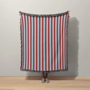 Modern Striped Throw Blanket, Jacquard Burgundy and Blue Blanket, Minimalist Cozy Decor, Neutral Aesthetic Throw, Woven Living Room Blanket