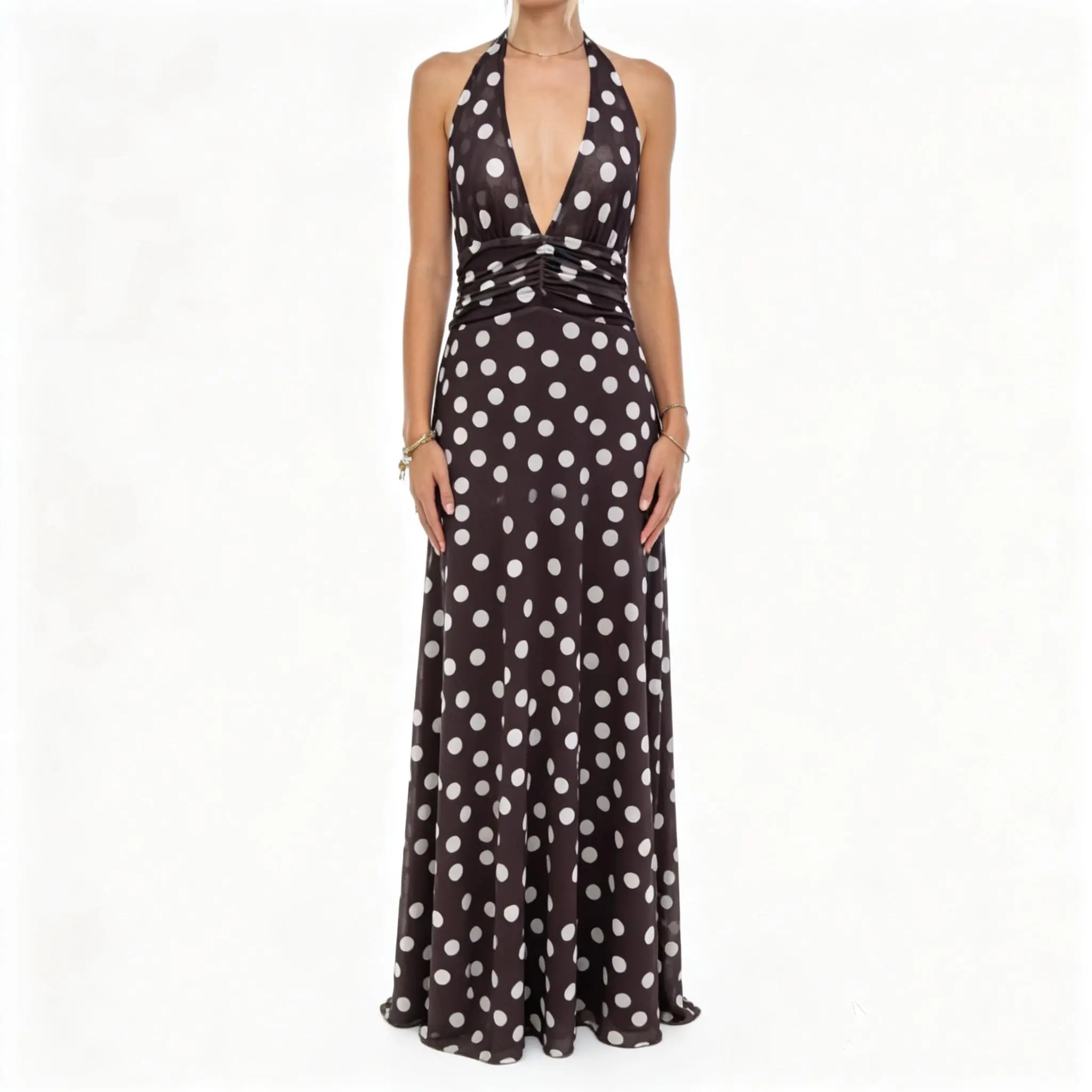 Women Long Dress, Sleeveless Halter Dress Backless Flower/Dots Print Summer Cocktail Dress