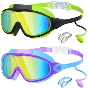 Swimming Goggles Set for Ages 3-14, Includes Earplugs & Nose Clip, Anti-Fog Lens, UV Defense, Wide Vision, Comfortably Fits