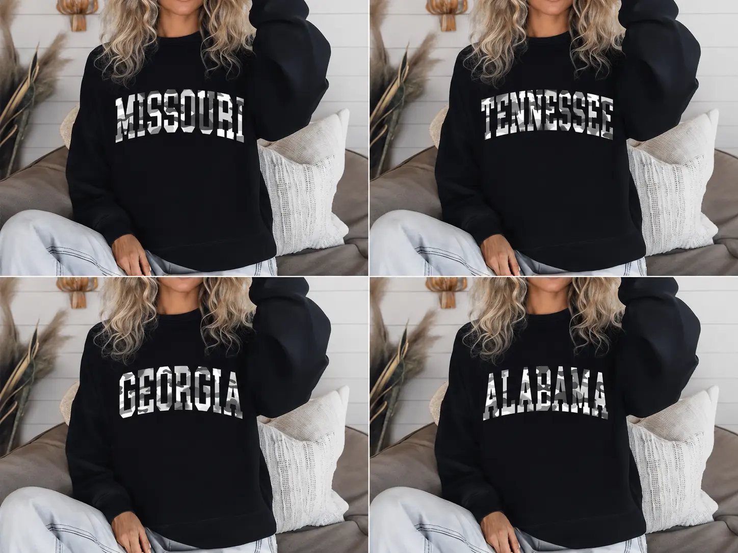 Black Camo State Name Sweatshirt, Comfortable Fall Varsity Pullover Women's Fashion Crew Neck