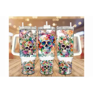Professional Sugar Skull, Night Of The Dead, 40oz Tumbler with handle - Ready to Ship