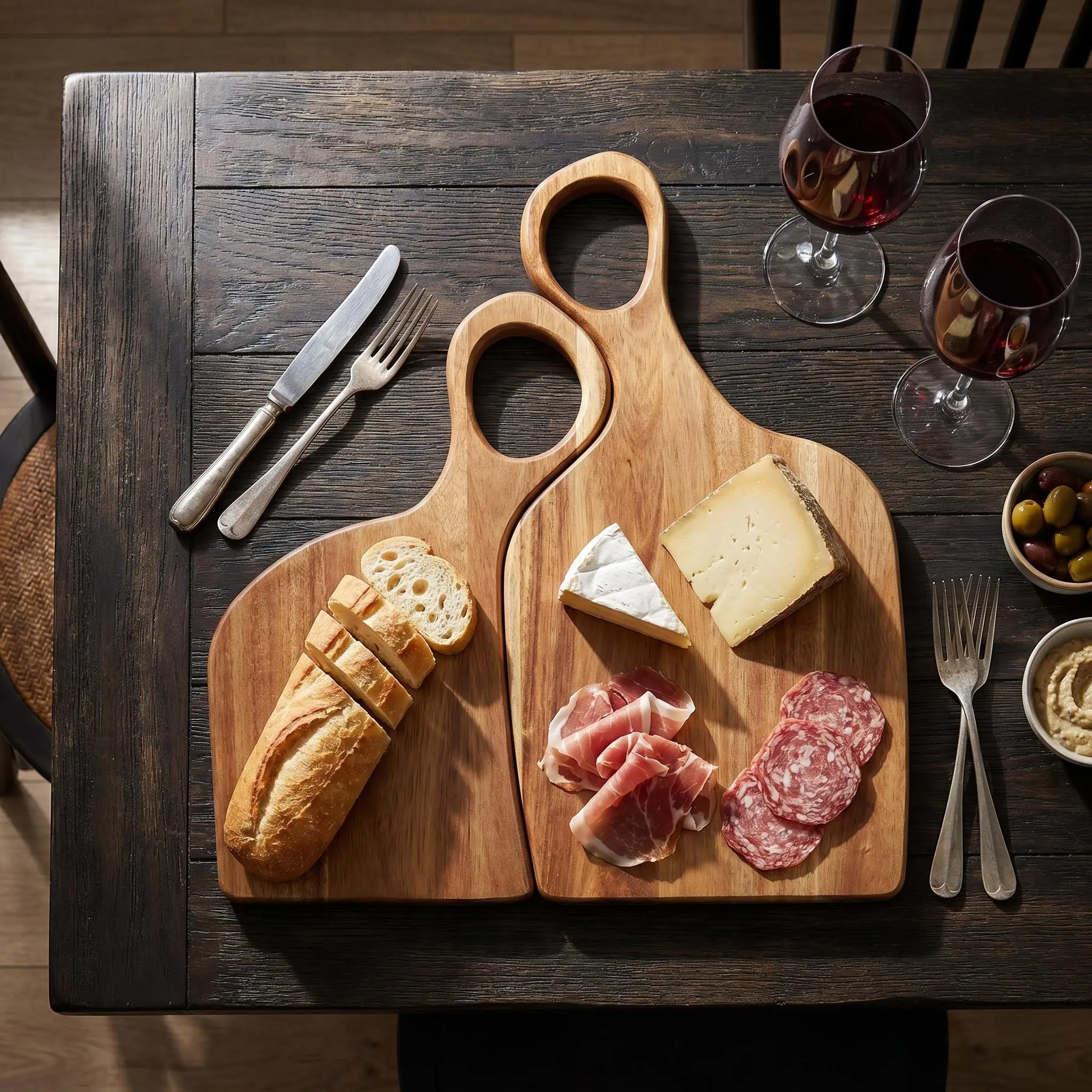 2-piece set of wooden cutting boards with a couples’ theme, made from natural solid wood with a beautiful, natural grain pattern.It can serve both as a cutting board for everyday meal prep and as a serving tray for prepared dishes, suitable for arranging