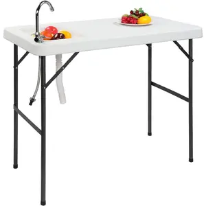 Fish Cleaning Table, Portable Folding Camping Table, 45" HDPE Outdoor Fish Cleaning Station with Sink, 360° Stainless Steel Faucet, Drainage Hose, Working platform for Camping, Food Handling