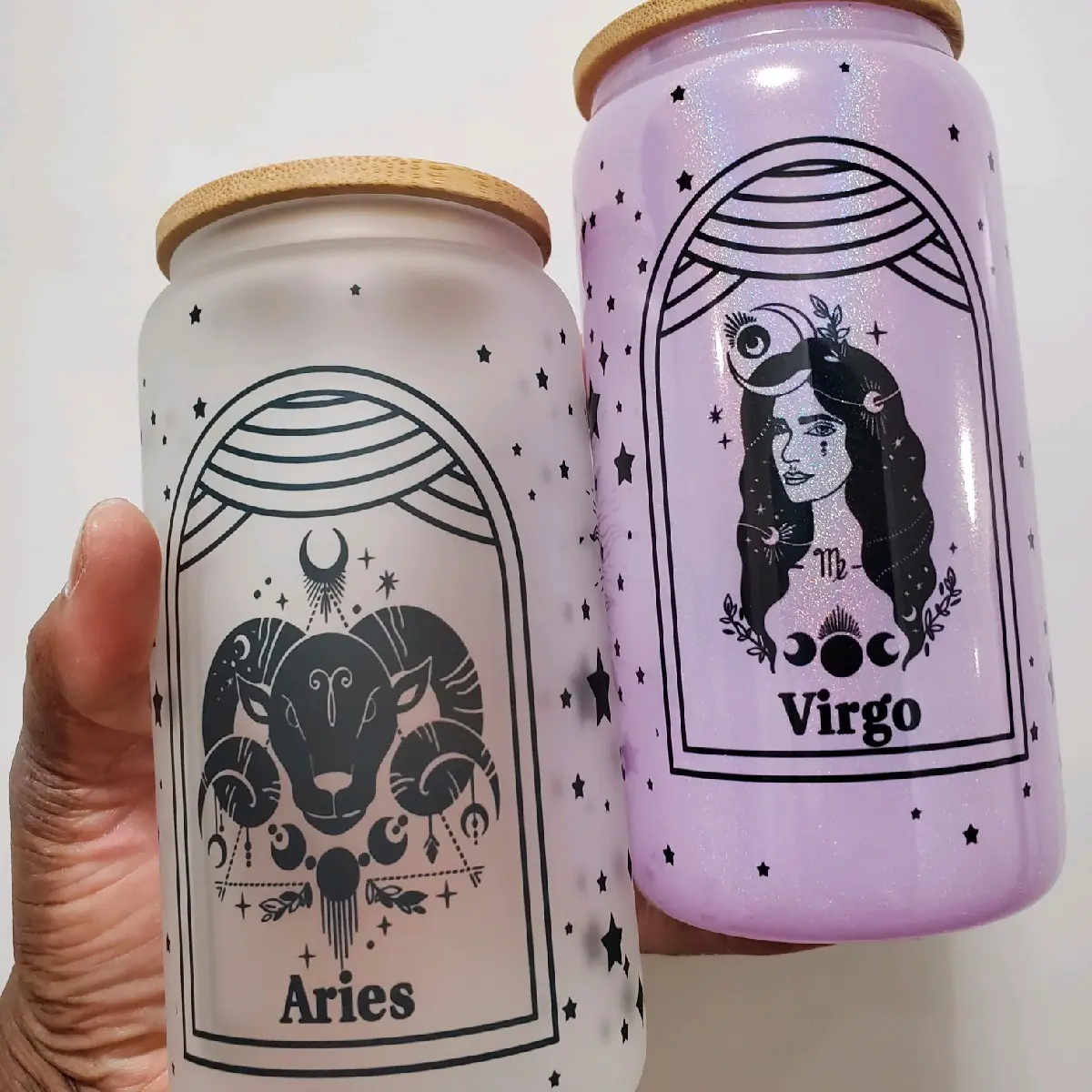 Zodiac Glass Tumbler with Sublimation Design, 16 oz, Bamboo Lid Drinkware Straw