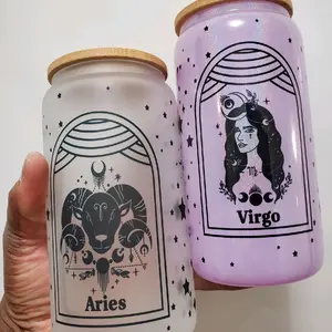 Zodiac Glass Tumbler with Sublimation Design, 16 oz, Bamboo Lid Drinkware Straw