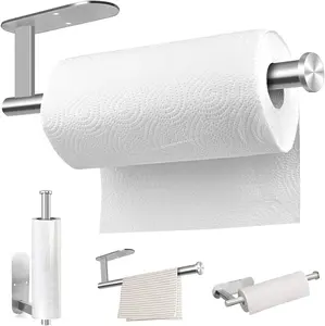 Self-Adhesive Stainless Steel Paper Towel Holder Wall Mount 13.2 inch Roll Rack for Kitchen & Bathroom Silver Rectangle
