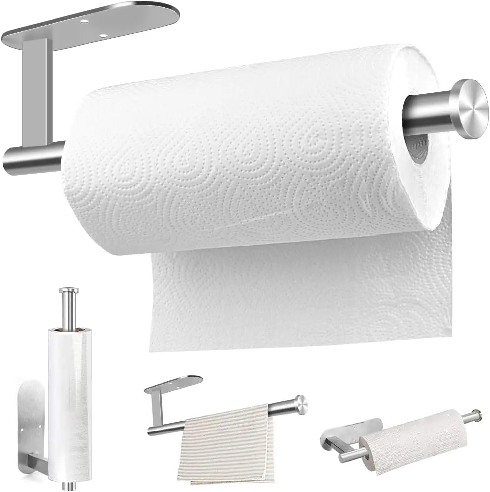 Self-Adhesive Stainless Steel Paper Towel Holder Wall Mount 13.2 inch Roll Rack for Kitchen & Bathroom Silver Rectangle