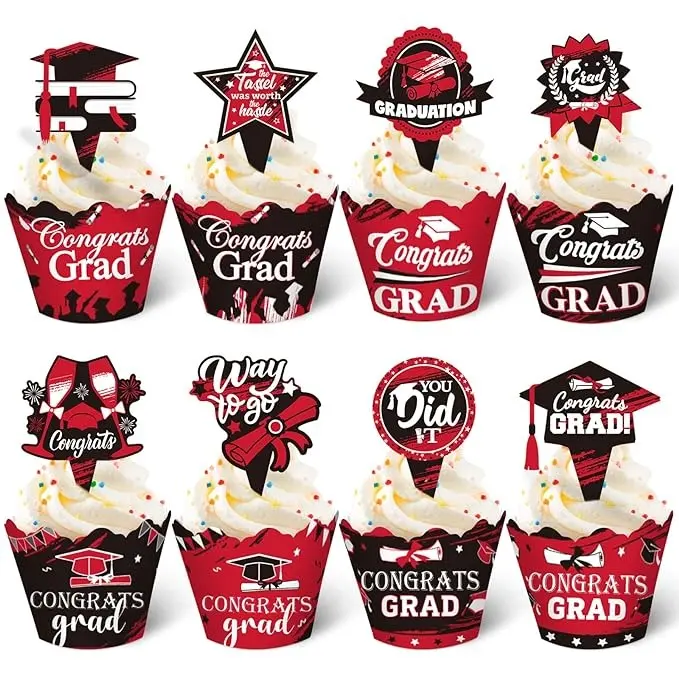 96 Pieces 2024 Graduation Cupcake Toppers Wrappers Congrats grad Baking Cups Picks Set Adjustable Grad Cup Cake Toppers Decoration for 2024 Grad Graduation Party Decorations Supplies