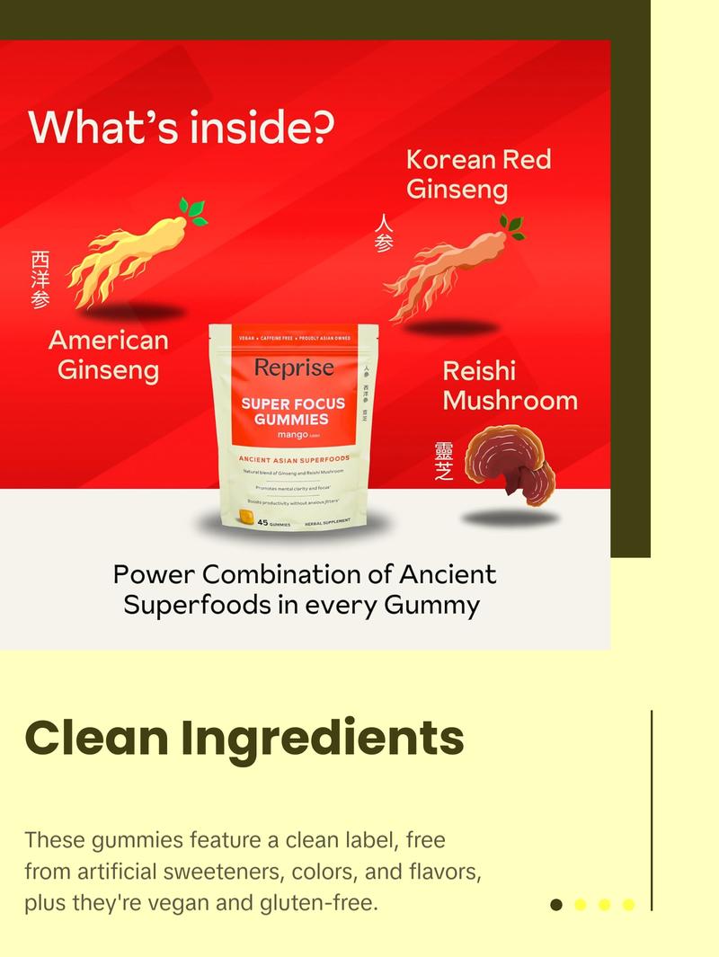 Super Focus Gummies for Adults | American & Korean Ginseng with Reishi Mushroom extracts | All Natural Gummies for Focus, Mood, and Energy | Mango Flavored | 45 Count