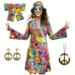 5pcs 70s 80s Hippie Dress Costumes Necklace Earrings Fashion Glass Women Disco Outfit, 60s Party Costume, Party Retro Dresses