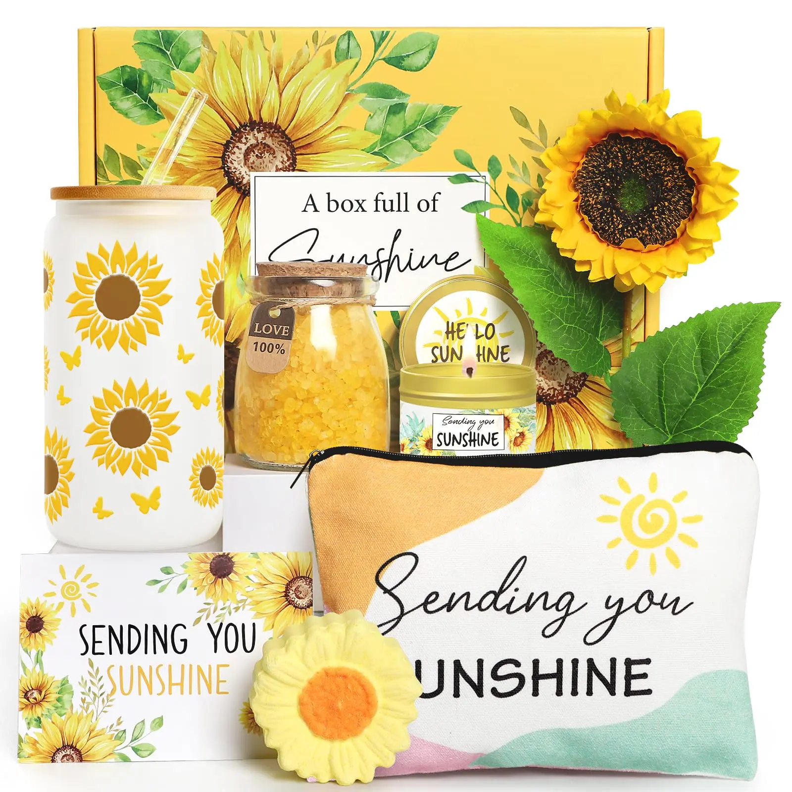 Birthday Gifts For Women Sunflower Get Well Soon  Sending Sunshine Gift Baskets Self Care Spa Her Mom Friends Sister Thank You Christmas Day W/glass Cup