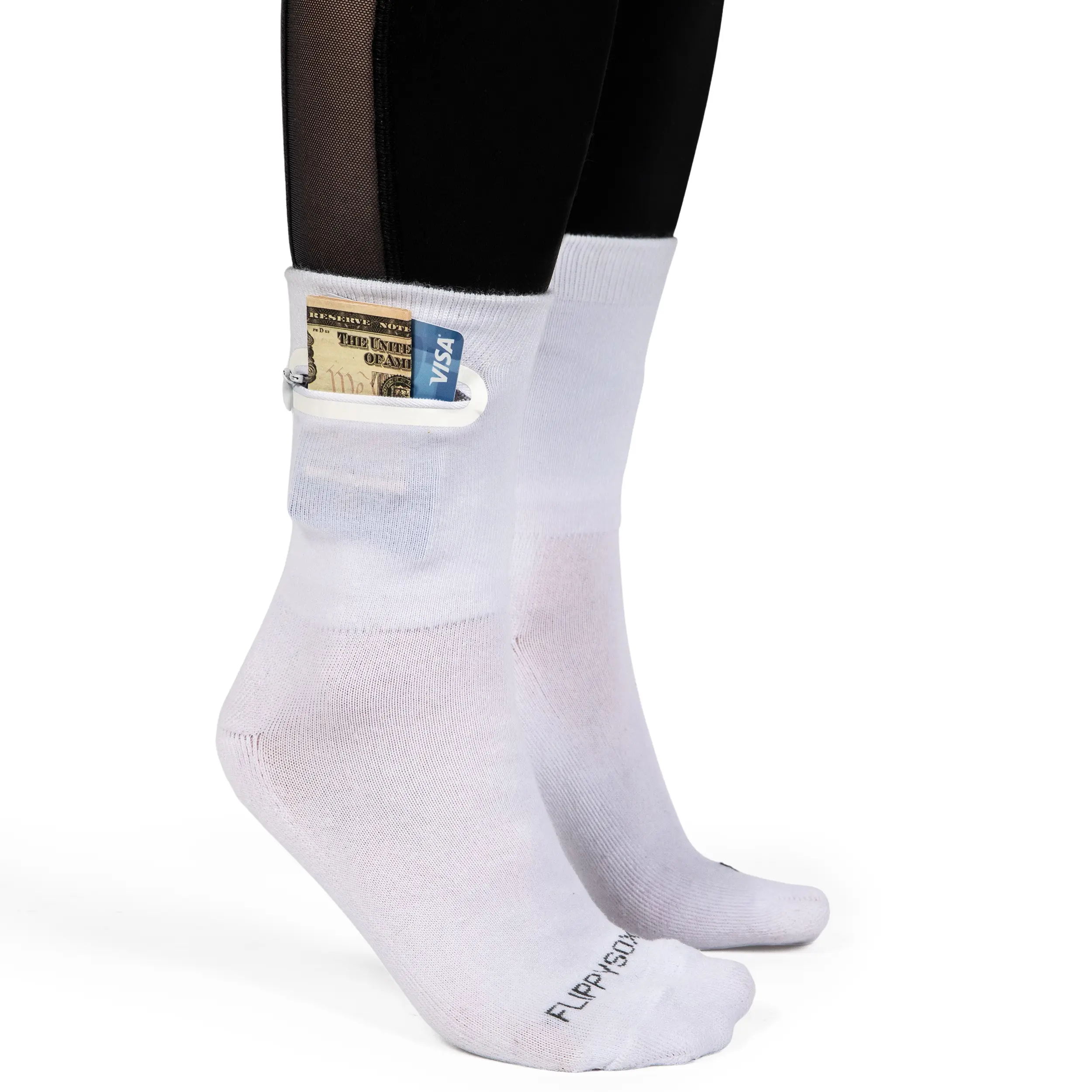 Flippysox Zipper Sock Wallet - Cotton & Polyester Zipper Socks with Pockets - Fits shoe size 6-13 (White)