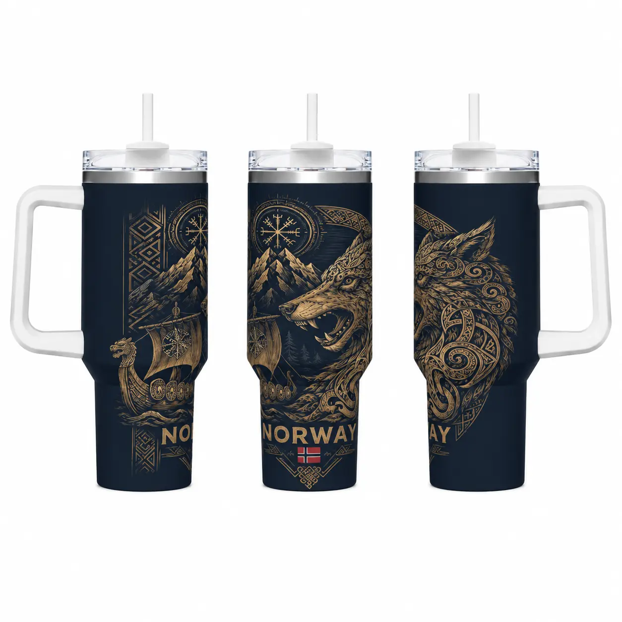 40oz Handle Insulated Stainless Steel Tumbler, Norway Nordic Viking Wolf Vegvisir Rune Viking Longship Mountain Full Wrap Graphic Travel Mug, Double Wall Vacuum Insulation, Leak Proof Straw Lid