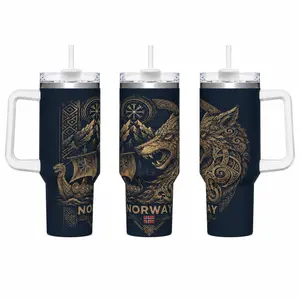 40oz Handle Insulated Stainless Steel Tumbler, Norway Nordic Viking Wolf Vegvisir Rune Viking Longship Mountain Full Wrap Graphic Travel Mug, Double Wall Vacuum Insulation, Leak Proof Straw Lid