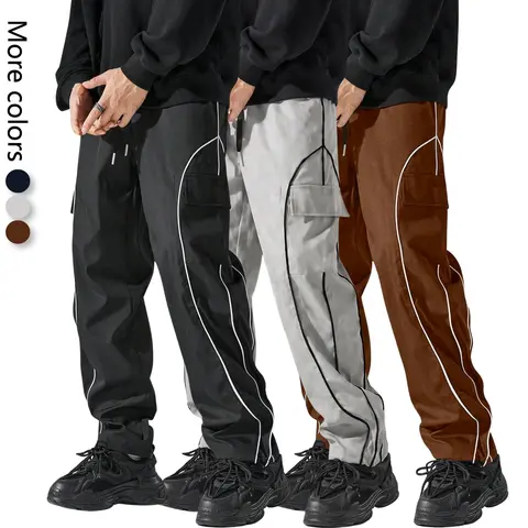 Men's Cargo Leg Joggers - Casual Comfy, Street Fashion Streetwear Style, Contrast Stitching, Elastic Mid-Waist, Full Length, Relaxed Fit, Breathable Stretchy Fabric, Multi-Pocket Mens Clothing Athletic Trousers, Casual Comfy Jogger