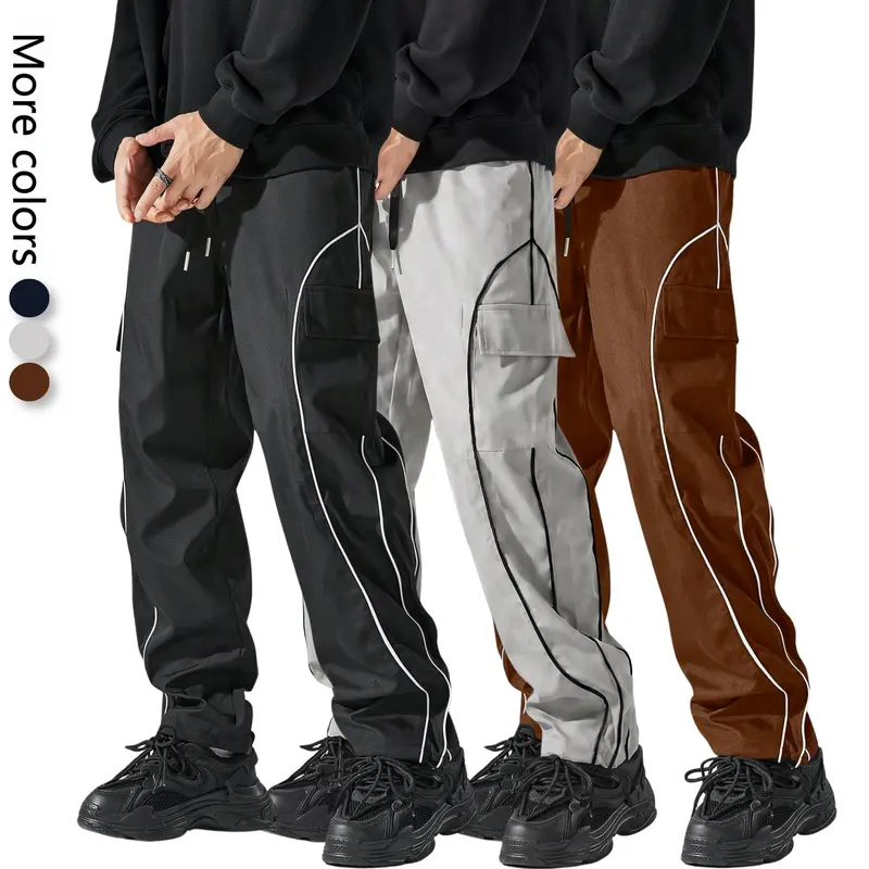Men's Cargo Leg Joggers - Casual Comfy, Street Fashion Streetwear Style, Contrast Stitching, Elastic Mid-Waist, Full Length, Relaxed Fit, Breathable Stretchy Fabric, Multi-Pocket Mens Clothing Athletic Trousers, Casual Comfy Jogger