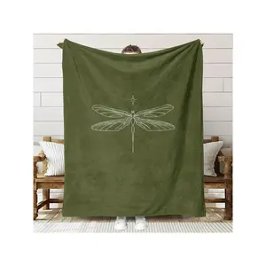 Elegant Dragonfly Line-Art Olive Green Soft Throw Blanket