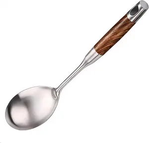 13.3" Large Serving Spoon - Stainless Steel with Wooden Handle for Buffet, Cooking, Mixing & Baking - Kitchen Utensil for Restaurants & Homes YENXIKU