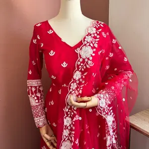 Beautiful Gown Kurta in Red with Floral Embroidery and Matching Dupatta