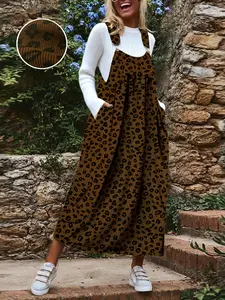 Plus Size Women's Corduroy Leopard Print Dress, Loose Backless Strap Dress, Casual Boho Elegant, Casual Fashion, Comfortable and Stylish, Womenswear
