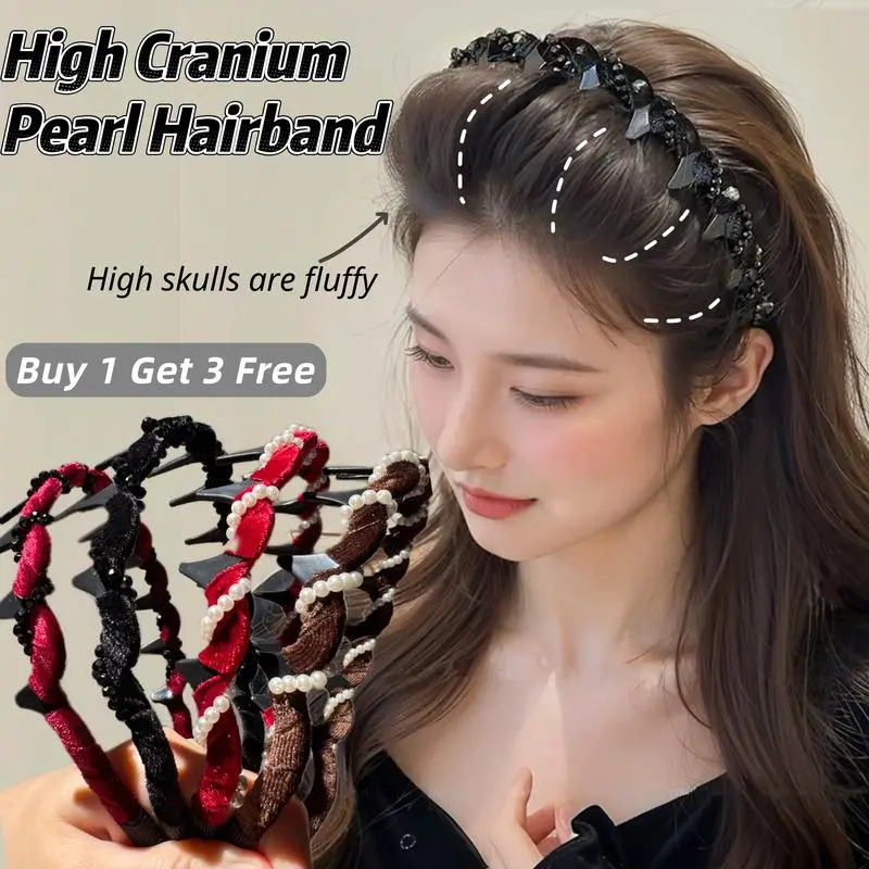Women's Elegant Vintage Classic Hair Bands Set for Females - Pearls & Gems, Rhinestones, High Cranial, Metal Base, Bridal Party Hair Hoop, Festive Gift, Buy 1 Get 3 Free (4Pcs)